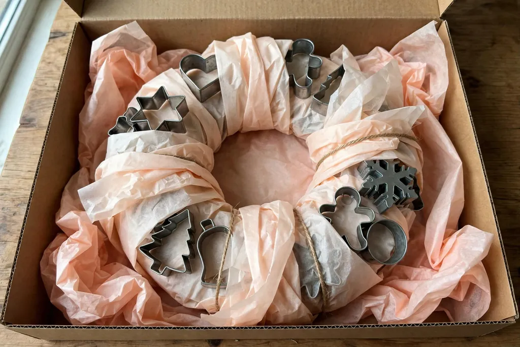 Cookie cutter wreath wrapped in tissue paper inside a flat storage box.