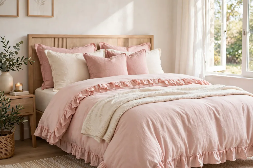 A bed dressed with ruffled blush pink bedding, layered pillows in cream and rose, and a soft folded throw.