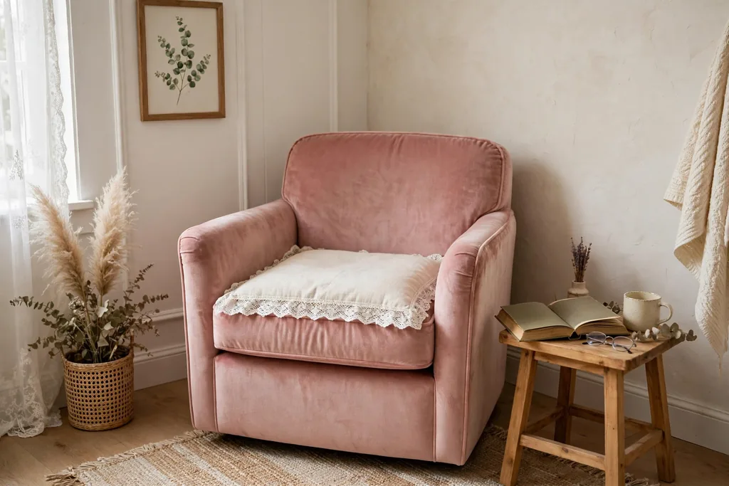 A velvet blush reading chair in a bedroom corner with a lace edged cushion and a small side table with a book.