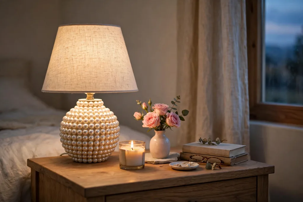 A bedroom nightstand styled with a pearl base lamp, a small candle, and a tiny vase of roses in soft evening light.