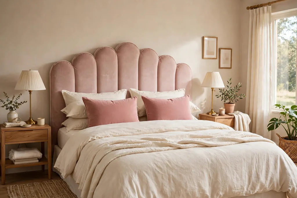 A bed with a scalloped blush velvet upholstered headboard, cream bedding, and rose pillows.