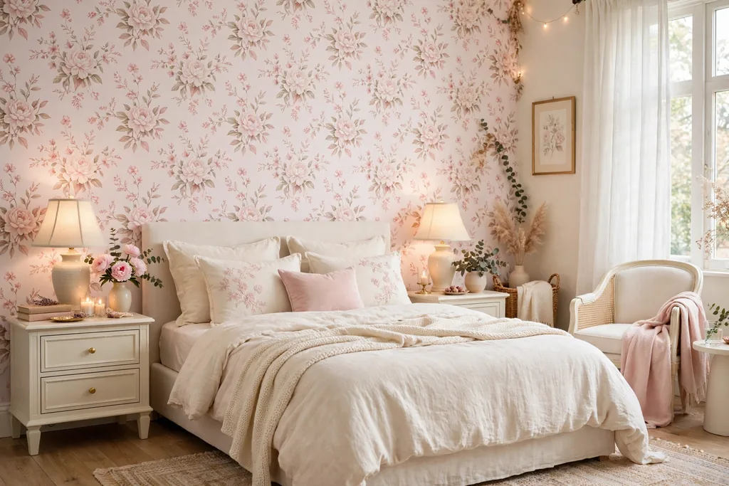 A bedroom accent wall behind a bed covered in pale pink floral wallpaper, with cream furniture.