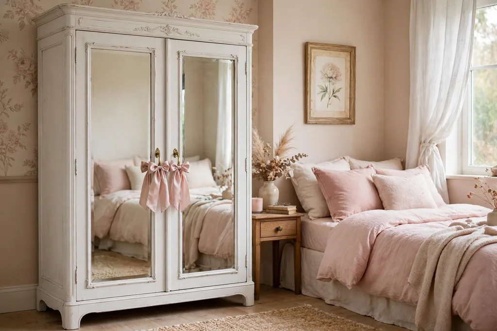 A vintage white wardrobe with mirrored doors, satin bows on the handles, and blush bedding nearby.