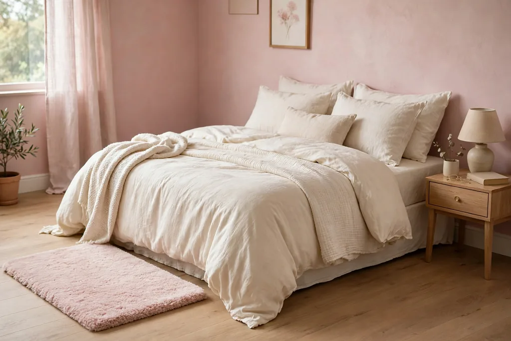 A plush pale rose rug beside a bed in a soft pink bedroom, with cream bedding and a small nightstand.