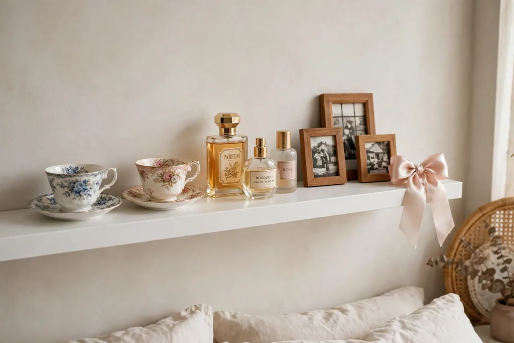 A white floating shelf in a bedroom displaying vintage teacups, perfume bottles, small framed photos, and a bow.