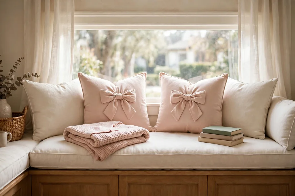 A bedroom window seat with cream cushions, blush bow pillows, a folded throw, and a small stack of books.