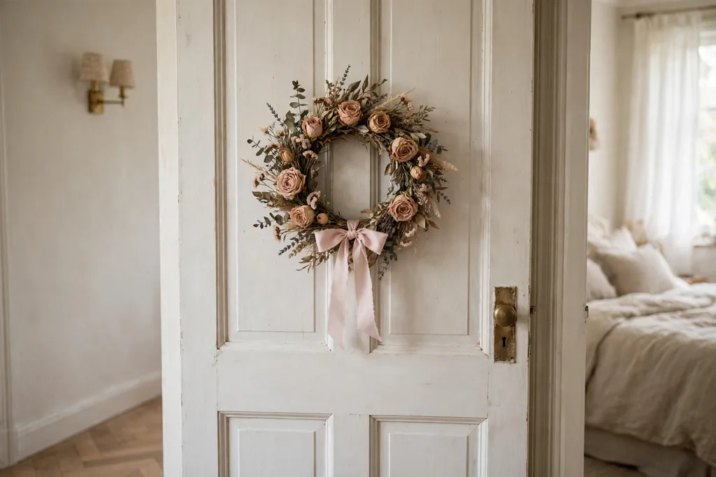 A bedroom door decorated with a small dried rose wreath tied with a pale pink ribbon bow.