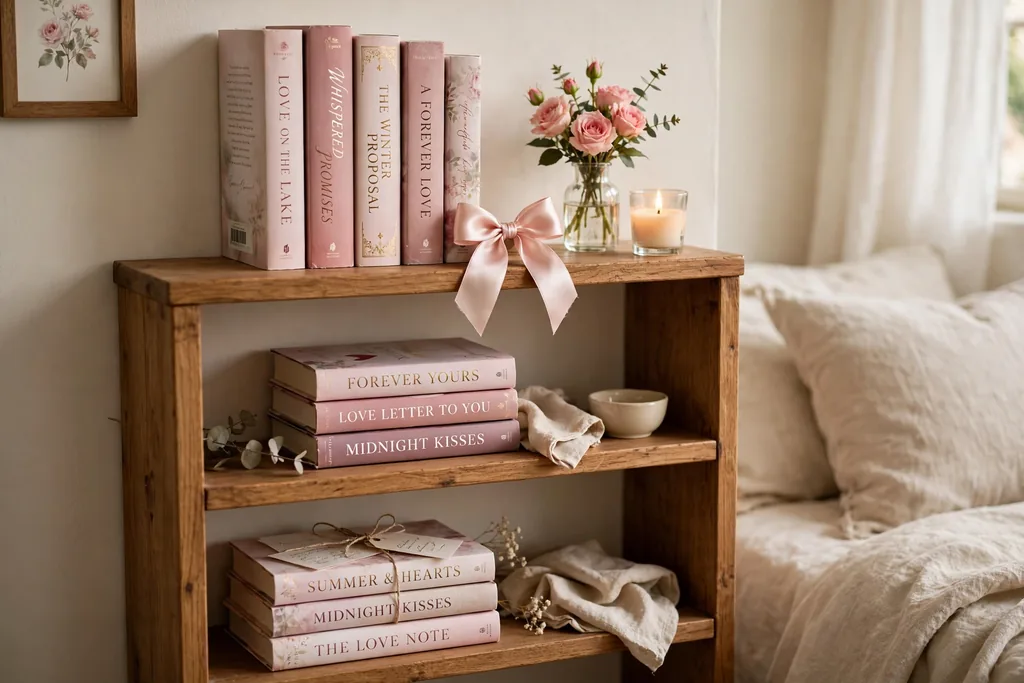 A bedroom bookshelf styled with romance novels, a small candle, a tiny vase of roses, and a satin bow.