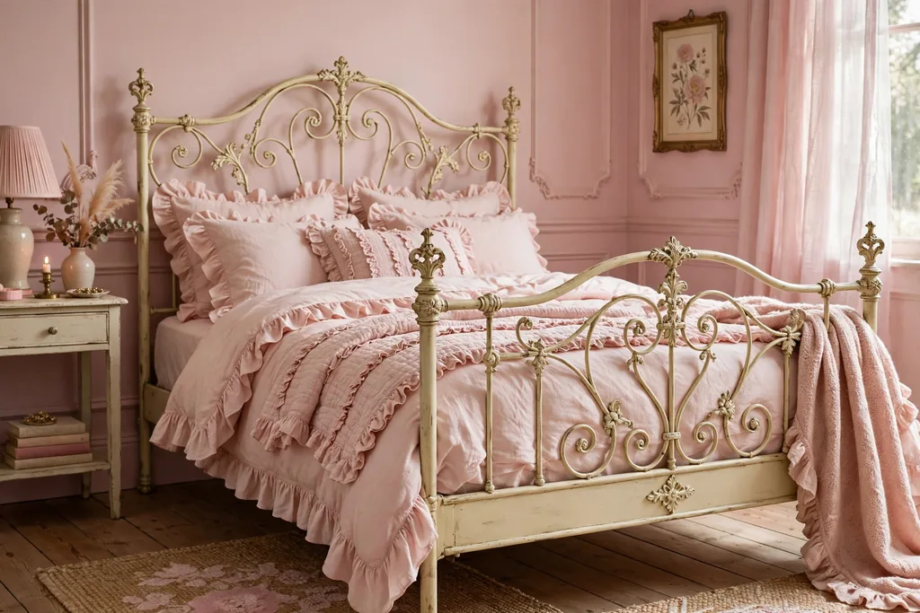 A vintage ornate cream painted metal bed frame with curved details in a soft pink bedroom.