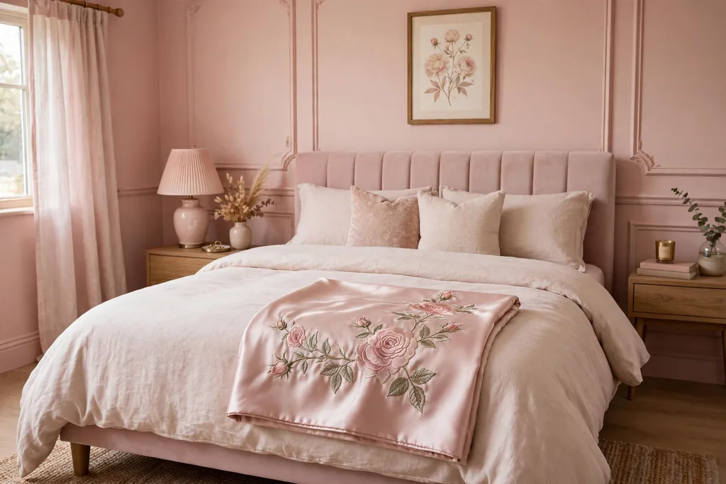 A bed in a blush bedroom with a satin throw blanket embroidered with roses folded neatly at the foot of the bed.
