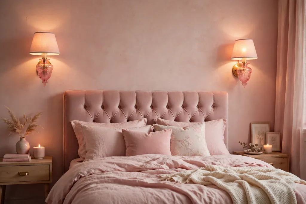 Two pink glass wall sconces with soft shades flanking a bed headboard in a romantic blush bedroom, with a warm glow.