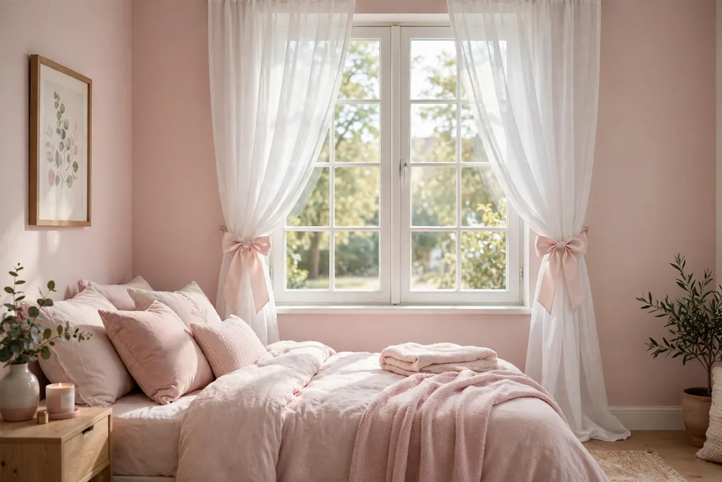 A bedroom window with sheer white curtains tied back with pale pink satin bows in soft daylight.