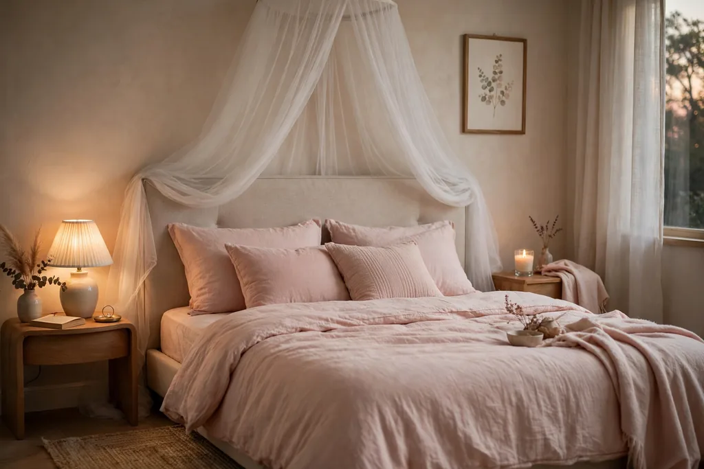 A bed with a sheer white tulle canopy draped from the ceiling over the headboard, with blush bedding.