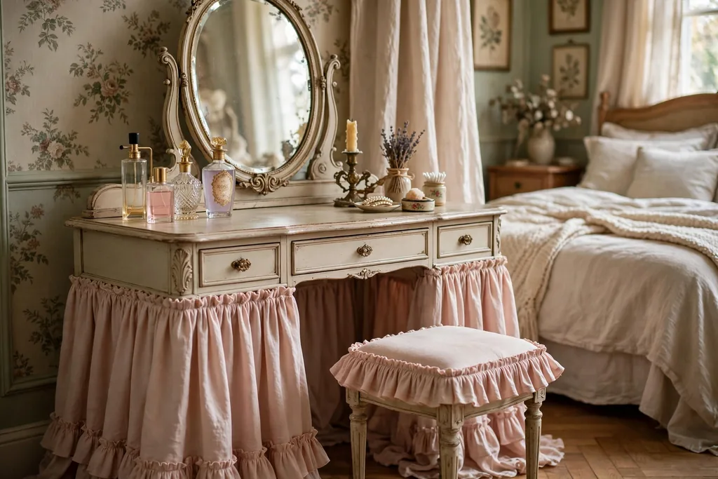 A vintage dressing table vanity with a ruffled skirt, an oval mirror, perfume bottles, and a small stool.