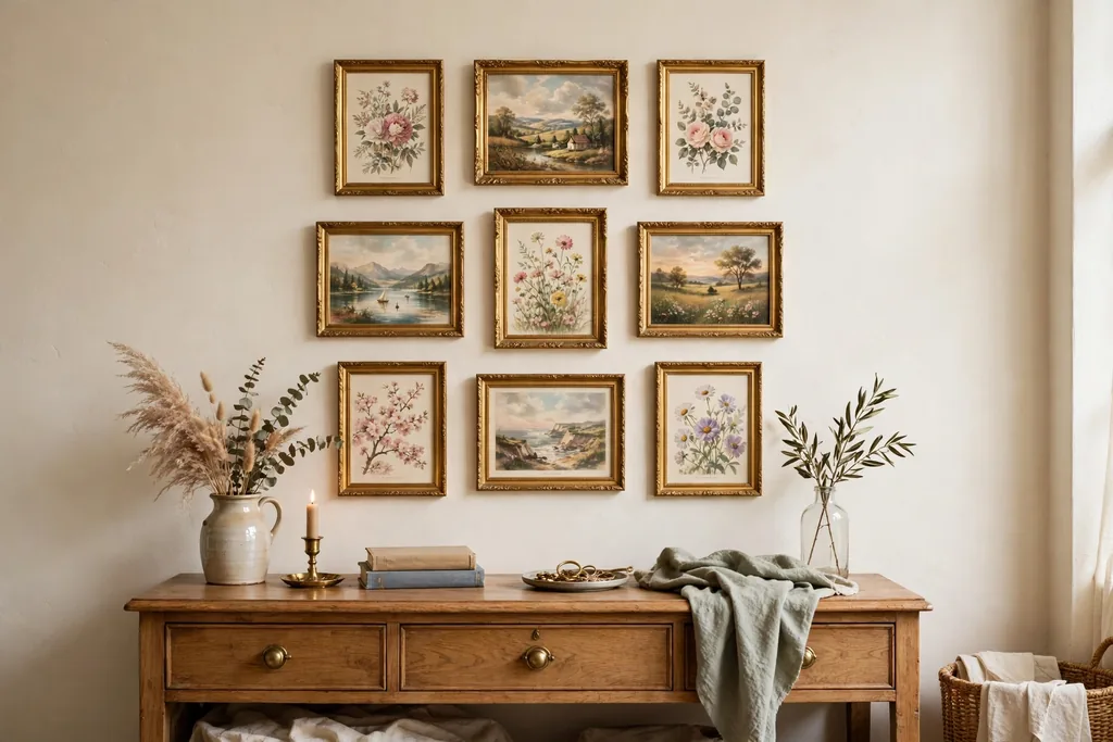 A bedroom wall gallery of small gilt framed romantic floral and landscape prints arranged above a dresser.
