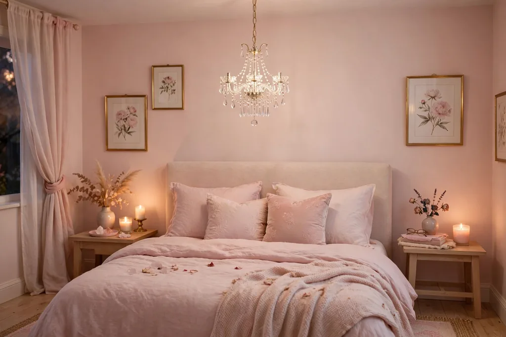 A small crystal chandelier hanging over a bed in a blush pink bedroom, with a soft warm glow.