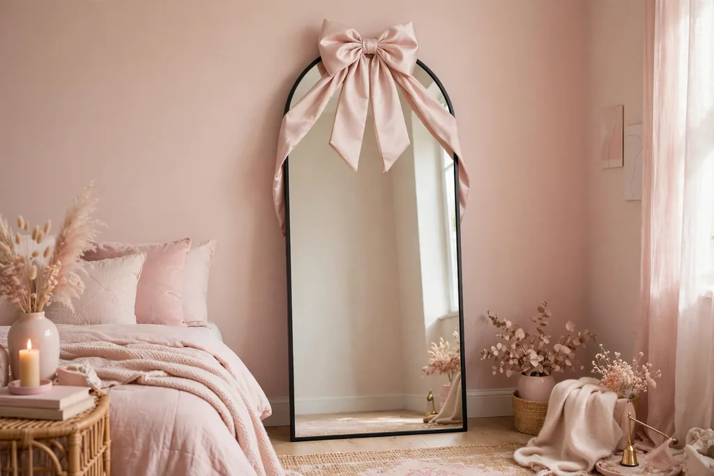 A tall arched floor mirror in a bedroom corner decorated with a large pale pink satin bow at the top.