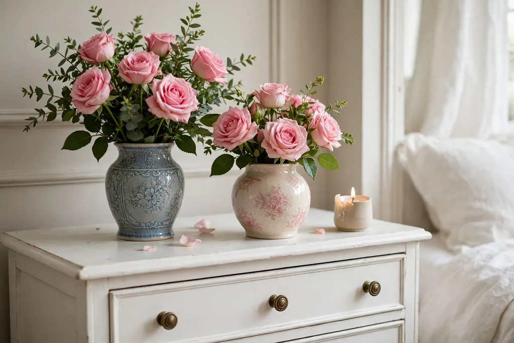 Fresh pink roses in vintage ceramic vases arranged on a white bedroom dresser beside a small candle.