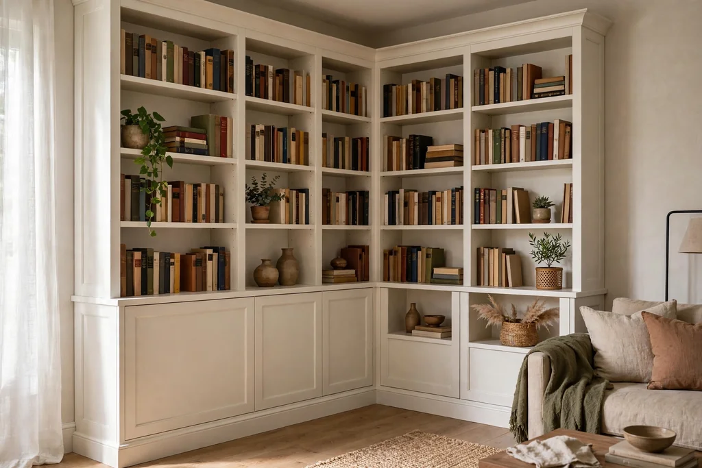 Floor-to-ceiling built-in corner bookcase wrapping two living room walls, painted warm white and filled with books.