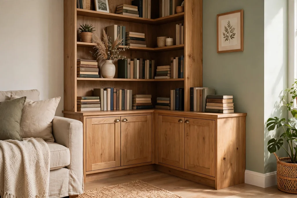 Corner bookshelf with closed cabinets below and open shelves above in a living room, books and a vase on the open shelves.
