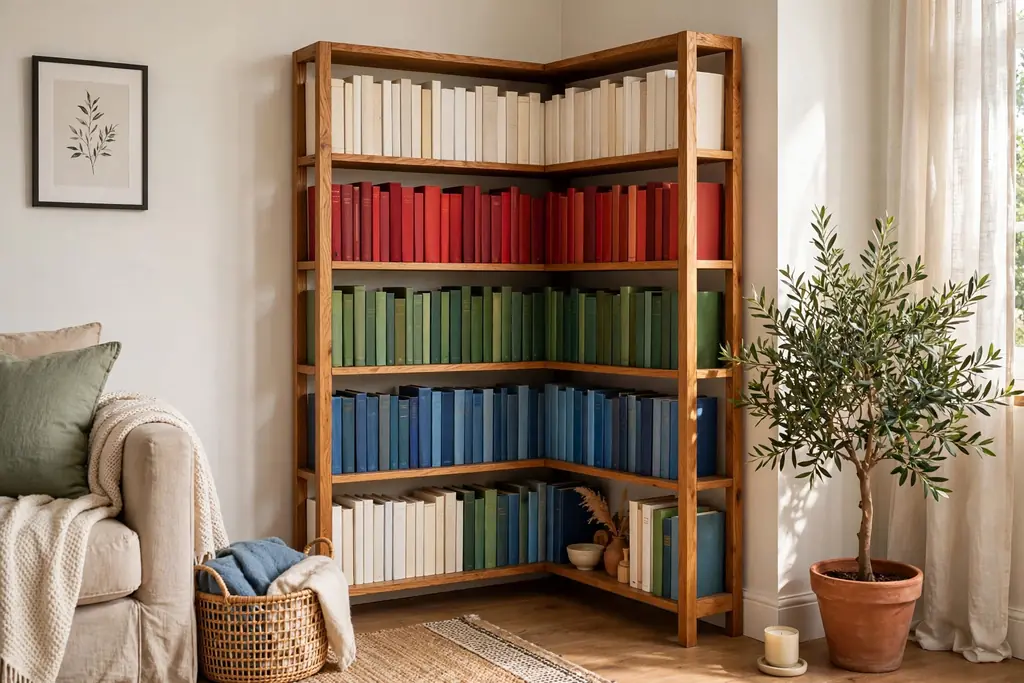 Corner bookshelf in a living room with books arranged by color in blocks of red, blue, green, and cream spines.
