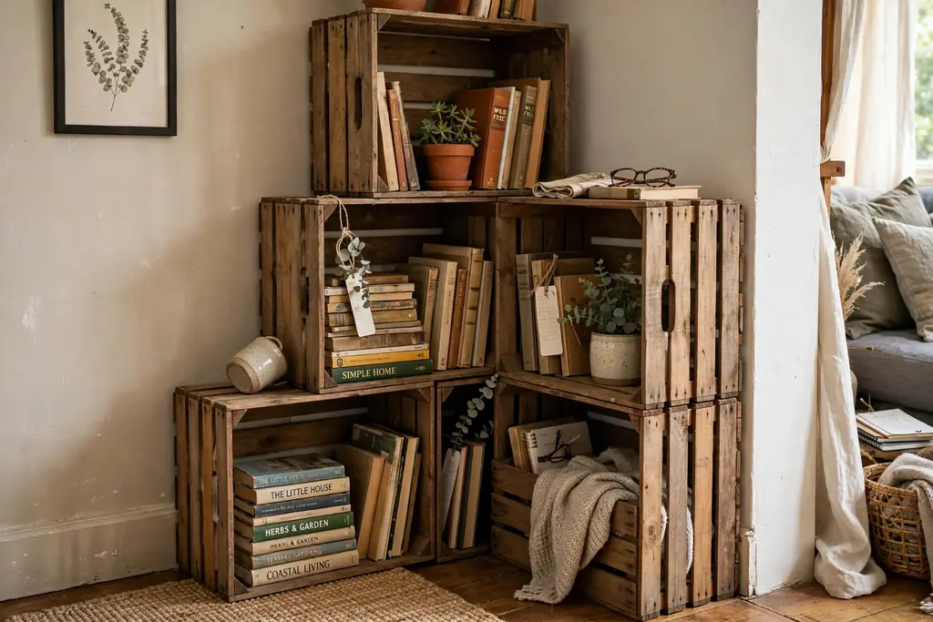 Budget corner bookshelf made from stacked wooden crates in a living room corner, books and a small plant in the crates.