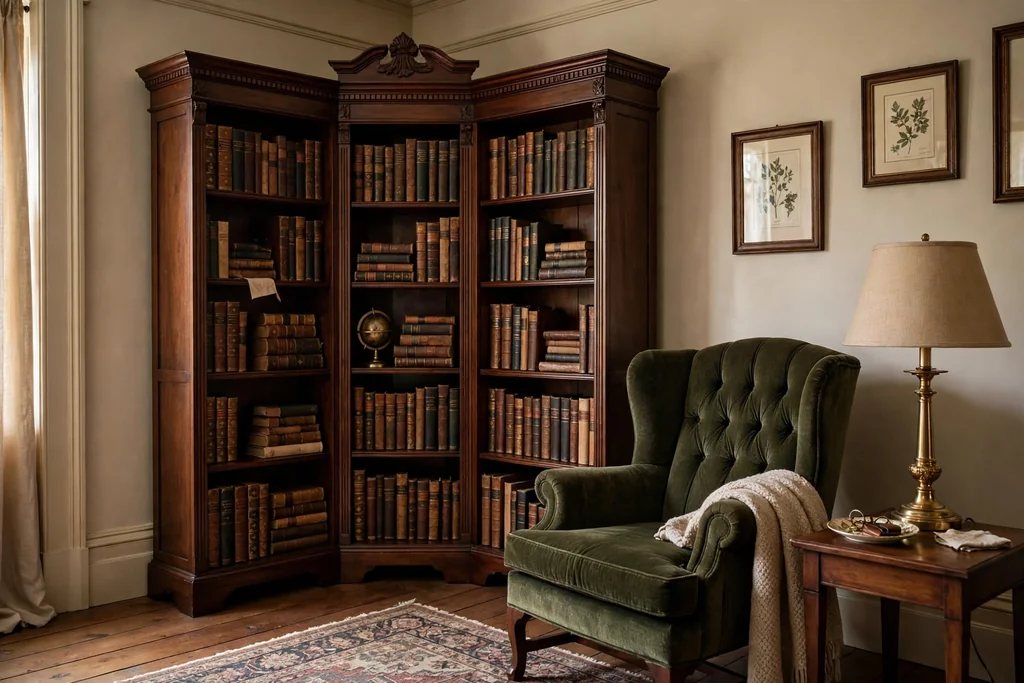 Classic dark wood corner bookcase in a traditional living room, leather-bound books, a brass lamp, and a wing chair nearby.