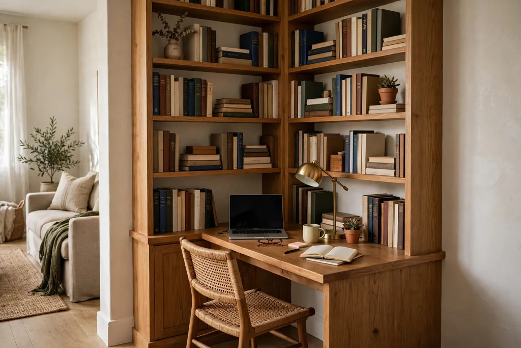Corner bookshelf with a small built-in desk and chair in a living room corner, books above the desk, a lamp on the desk.
