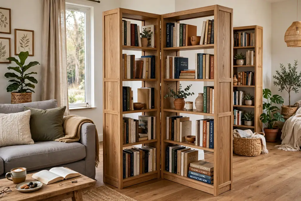 Freestanding double-sided corner bookshelf used as a room divider in a living room, books visible from both sides.