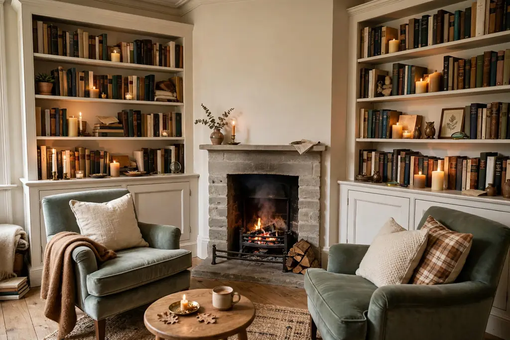 Living room corner with a small fireplace and built-in bookshelves beside it, books and candles on the shelves.