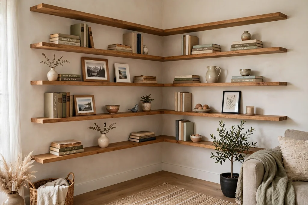 Floating wooden corner shelves wrapping both walls of a living room corner, holding books, framed photos, and small ceramics.