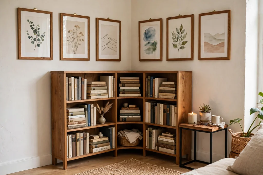 Corner bookshelf in a living room with framed art prints hung on the walls above the shelves.