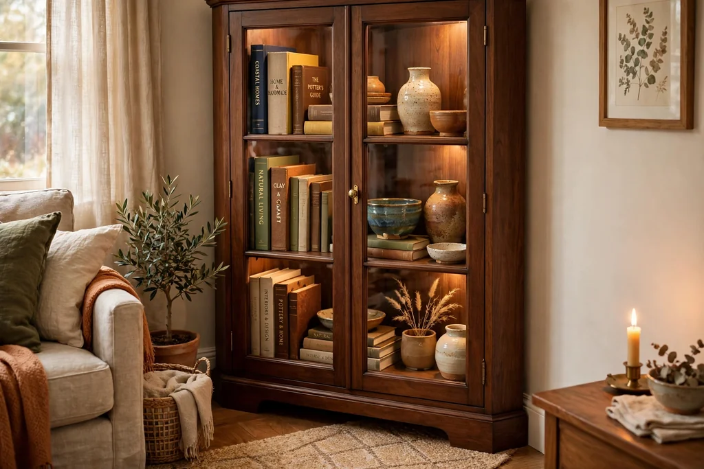 Corner bookcase with glass doors in a living room, displaying books and ceramics behind clear glass.