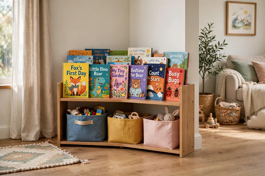Low corner bookshelf for children in a living room, colorful picture books facing forward, fabric bins below.