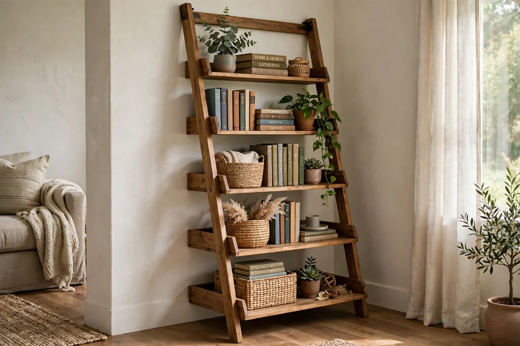 Leaning ladder bookshelf tucked into a living room corner, holding books, plants, and baskets.