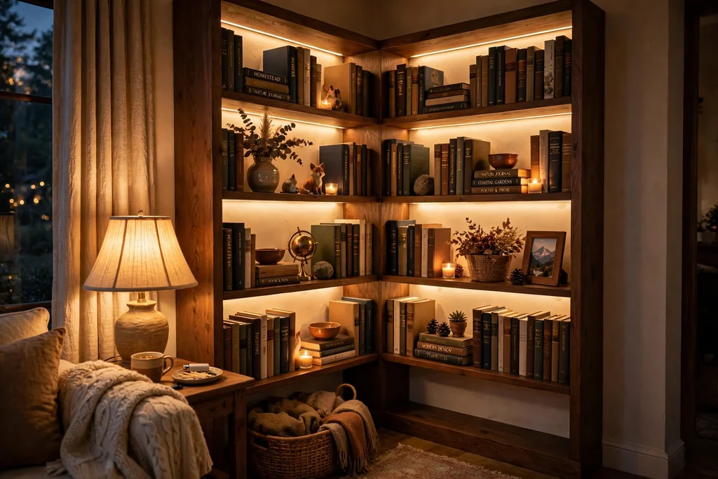 Living room corner bookshelf lit with warm shelf lights in the evening, books glowing softly.