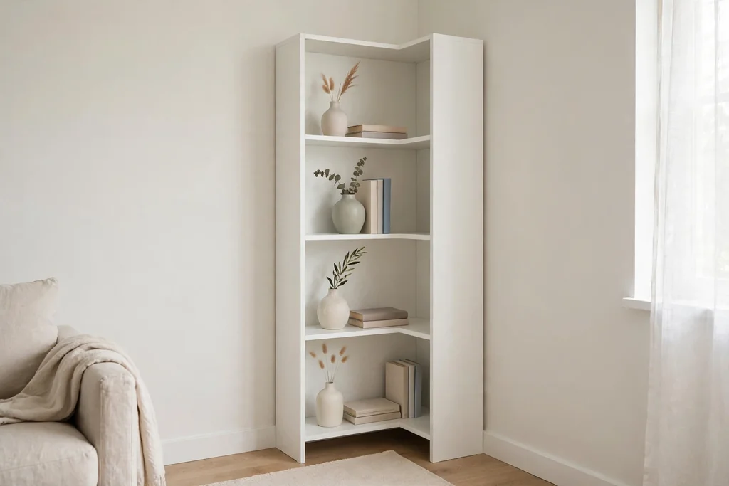 Minimal white corner bookshelf in a small bright living room, a few books and one vase per shelf.