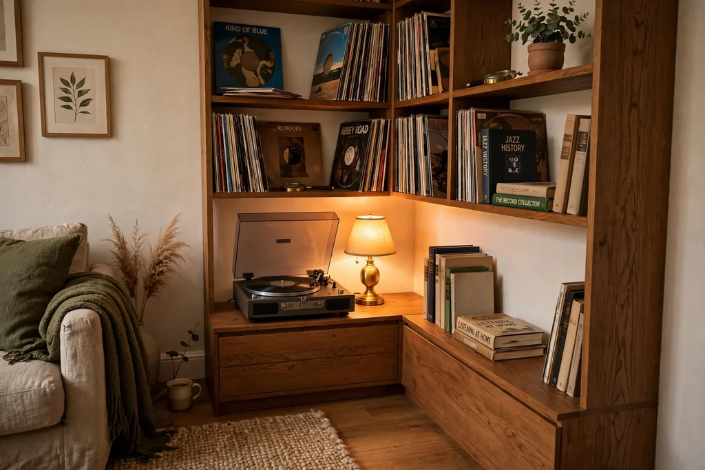 Living room music corner with a corner bookshelf holding vinyl records and books, a record player on a low cabinet.