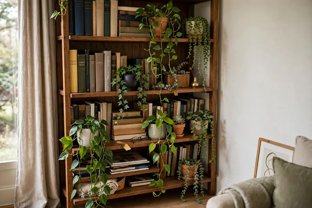 Living room corner bookshelf mixed with trailing houseplants, books, and small pots.
