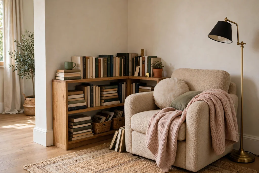 Cozy living room reading nook in a corner, with a low bookshelf, an armchair, a floor lamp, and a soft throw.