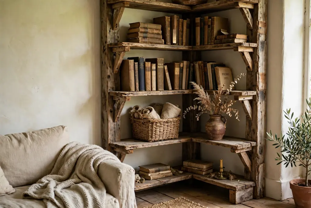 Rustic reclaimed wood corner bookshelf in a living room, rough timber shelves holding old books and a pottery vase.