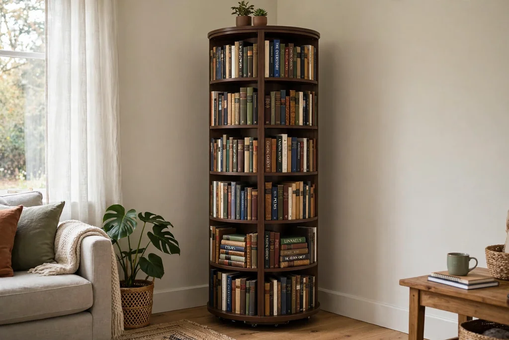 Tall rotating corner bookshelf tower in a living room corner, with books on all sides and a small plant on top.