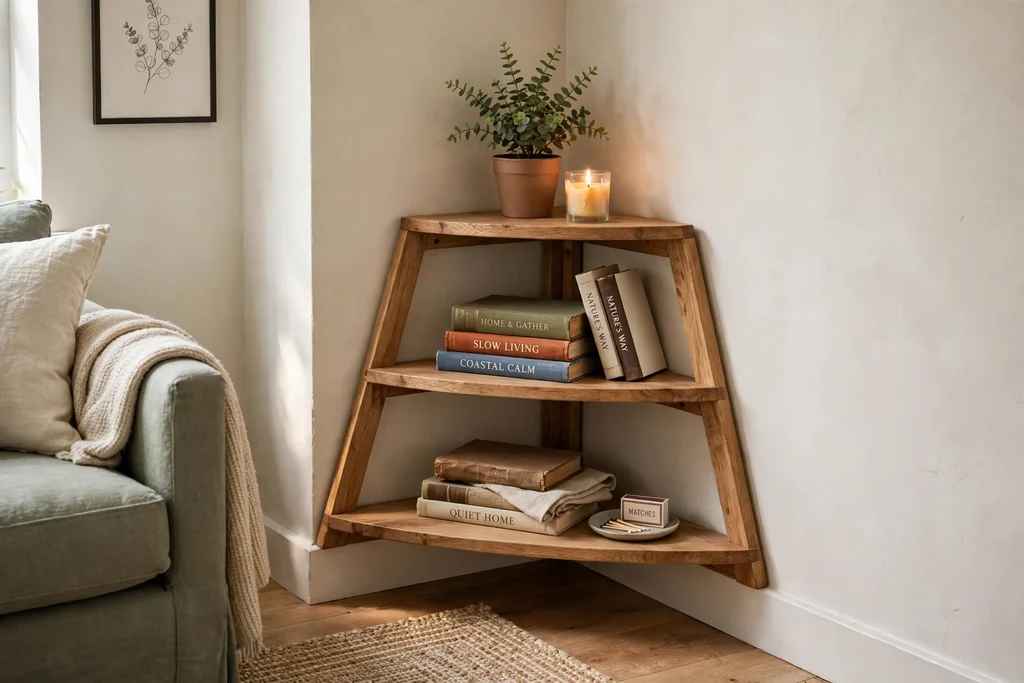 Triangular wooden corner shelf unit fitted into a living room corner, holding books, a small plant, and a candle.