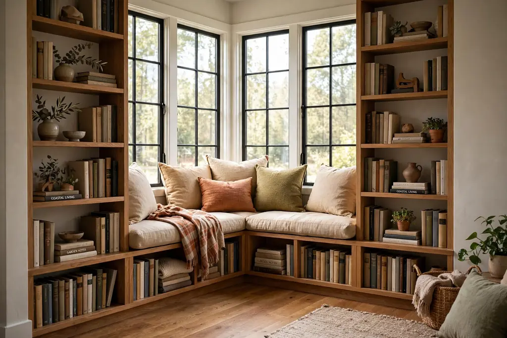 Corner window seat in a living room with bookshelves built into its base, cushions on the seat, daylight from the window.
