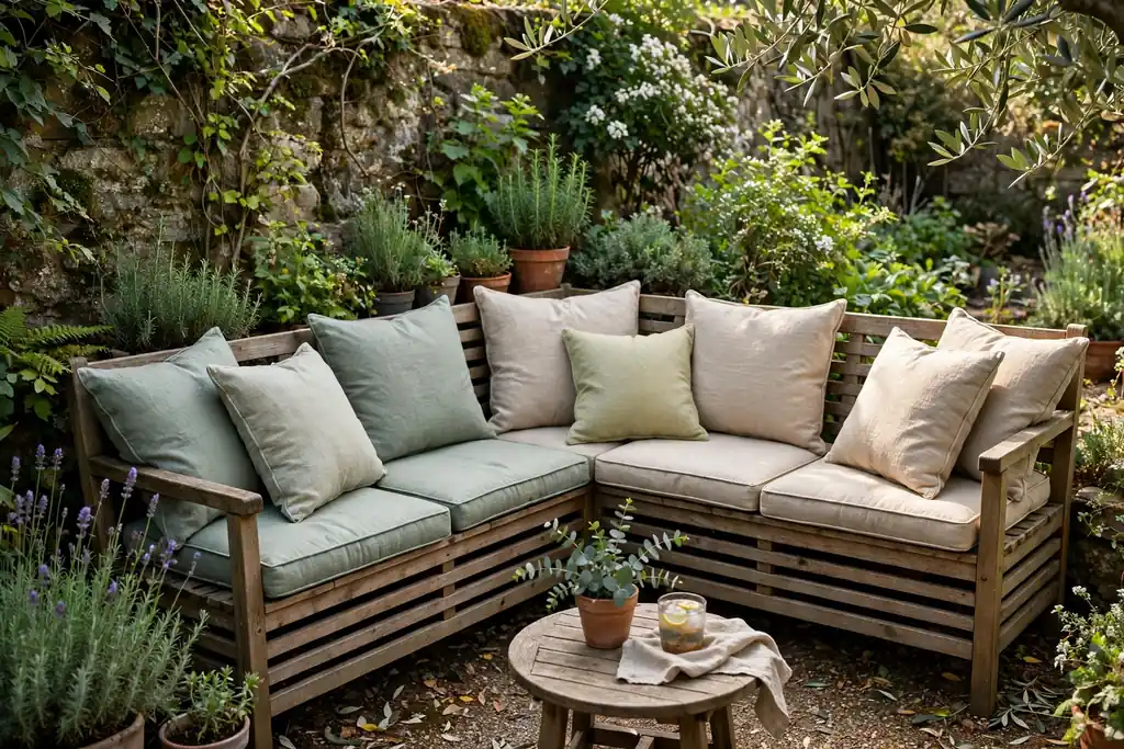 L-shaped wooden corner bench with cushions and a small table in a garden corner.