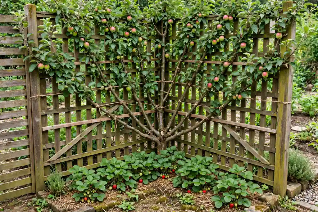 Fan trained fruit tree against a corner garden fence with strawberries beneath it.