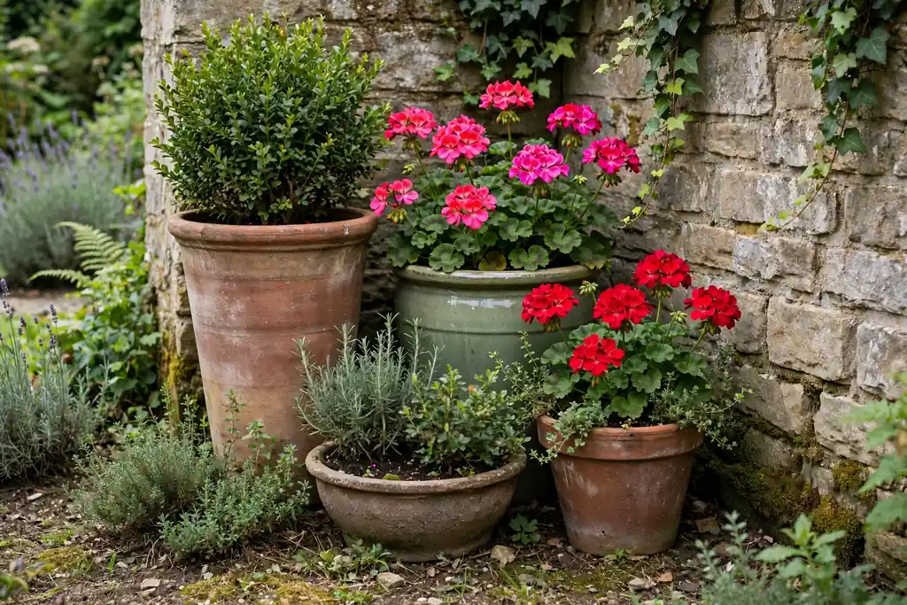 Tiered pots of different heights grouped in a garden corner with geraniums and shrubs.