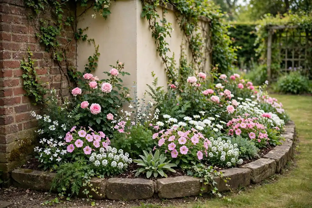 Curved flower bed wrapping around a garden corner with pink and white flowers.