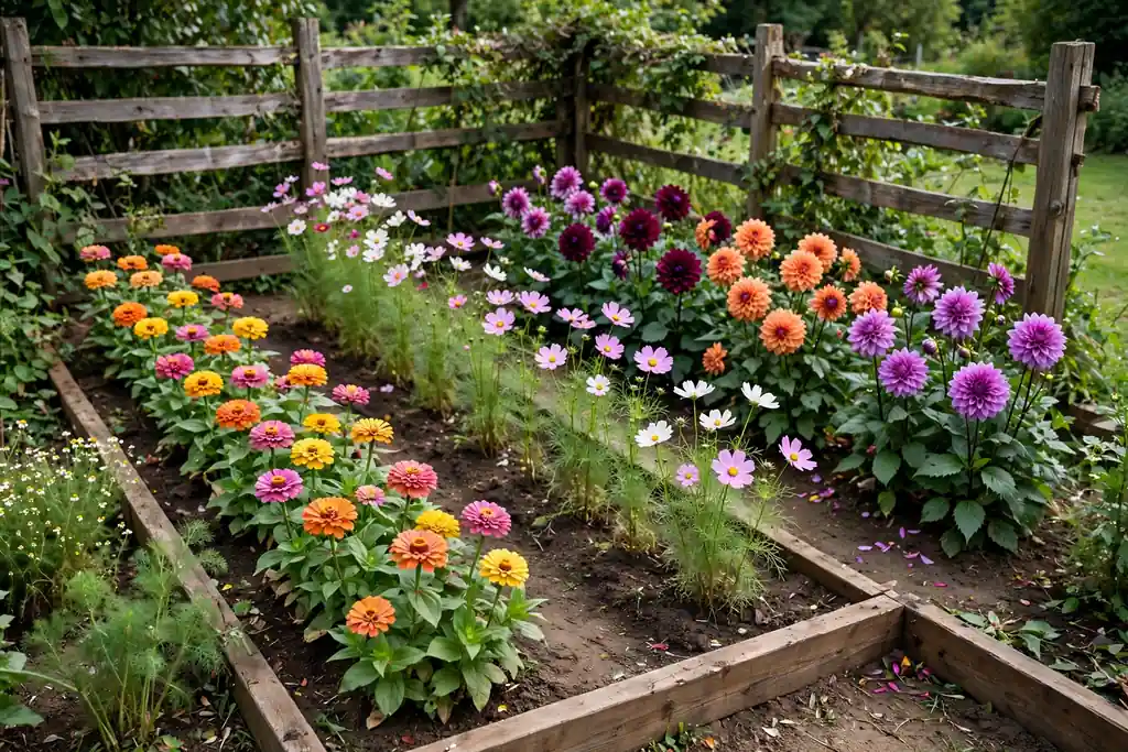 Corner cutting flower bed with zinnias, cosmos, and dahlias in rows for picking.