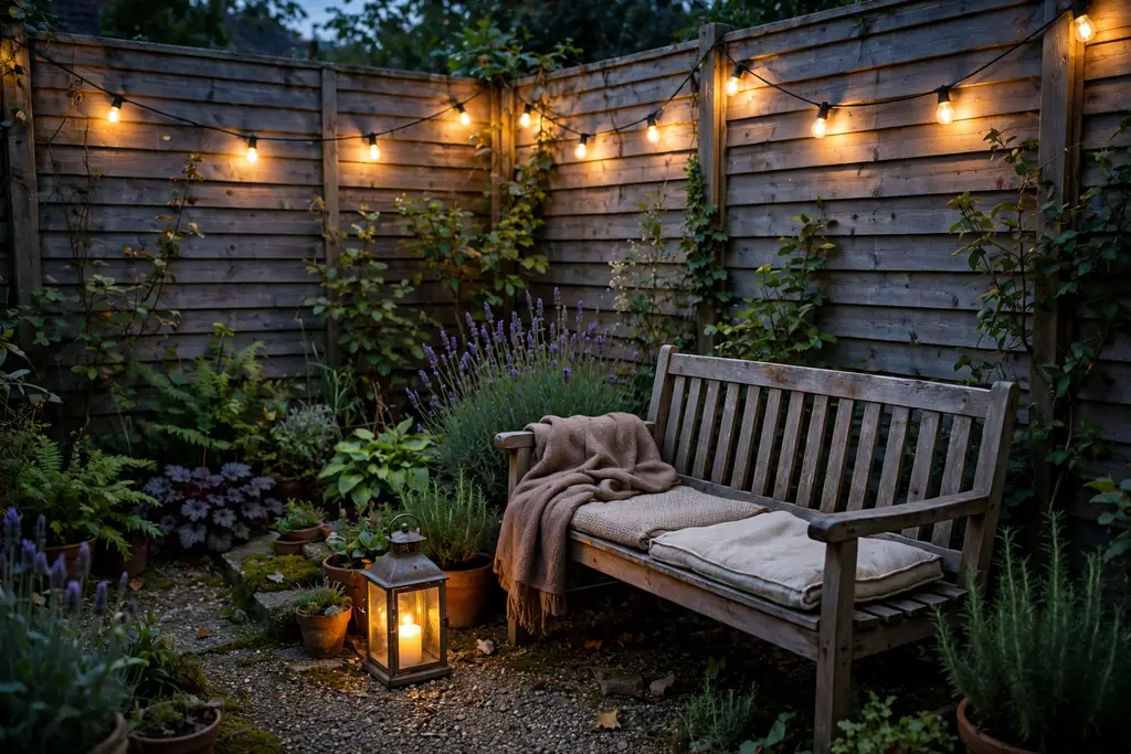 Garden corner at dusk with string lights along fences and a lantern by a bench.